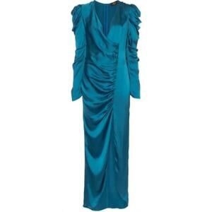 De La Vali Gin Ruched Maxi Dress in Blue Size UK 8 US 4 Long Sleeve Satin NWT